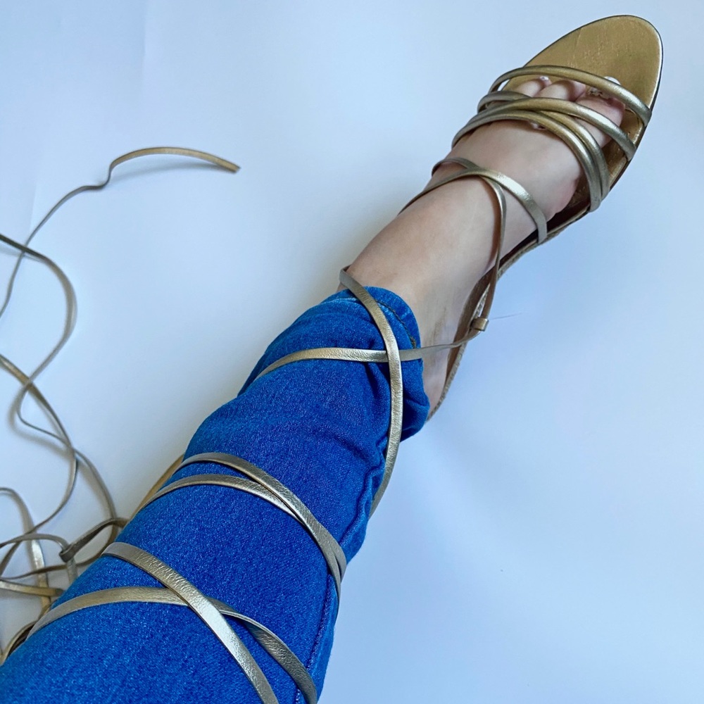 SCHUTZ Gold Tone Leather Lace-Up Wedge Sandals